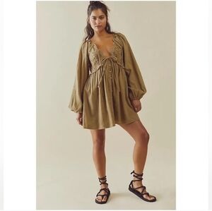 Free People Summer Struttin Crochet Puff Sleeve Mini Dress Suntan Women's M